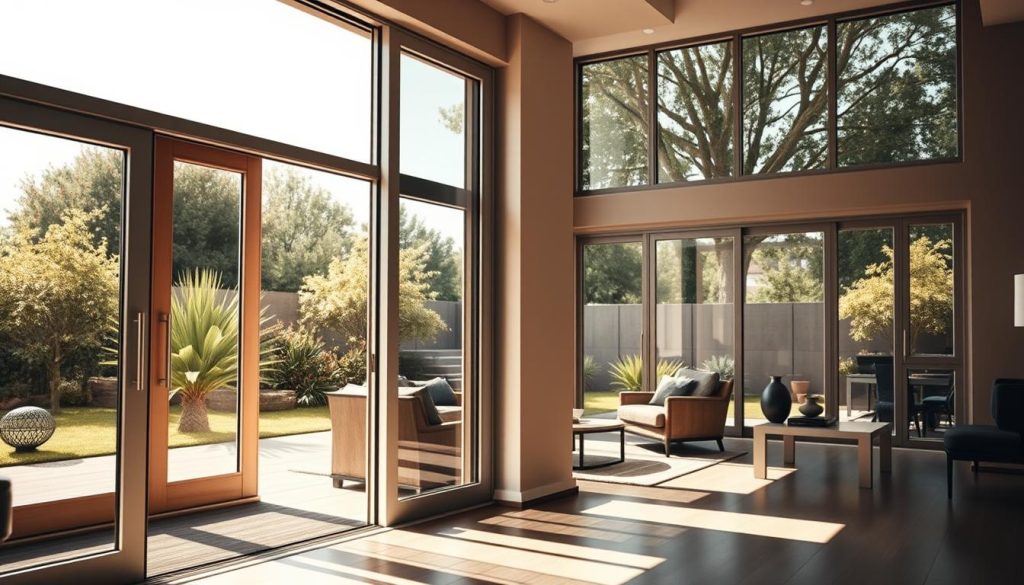 A beautifully designed modern room showcasing custom PVC and aluminum windows and doors, reflecting a blend of functionality and aesthetic appeal. In the foreground, a sleek, open sliding door leading to a patio, framed by natural light filtering through large, energy-efficient windows adorned with minimalistic frames. The middle ground features a cozy seating arrangement with elegant furniture, enhancing the atmosphere of comfort and sophistication. The background shows a lush garden partially visible through the large windows, conveying a sense of connection to nature. The lighting is warm and inviting, casting soft shadows across the room, while a wide-angle lens captures the full essence of the space. The mood is serene and upscale, emphasizing quality craftsmanship tailored to individual desires.