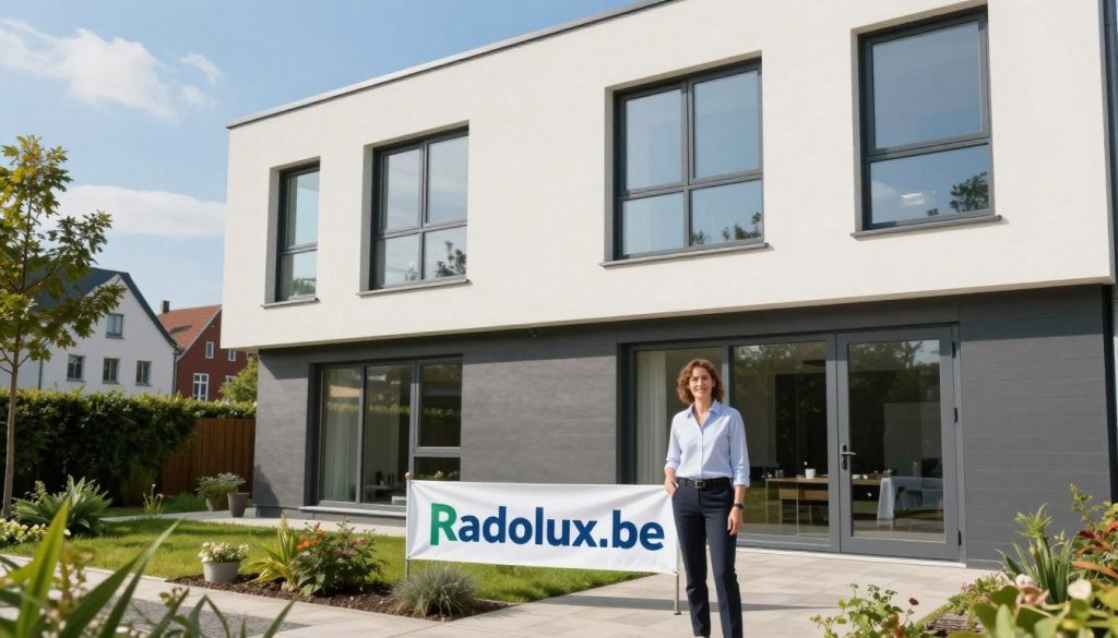 A picturesque view of Hasselt showcasing a modern residential building featuring newly renovated aluminum windows and doors. In the foreground, a professional individual in business attire stands confidently beside a banner reading "Radolux.be," emphasizing financial support for home renovations. The middle ground displays a beautifully designed home with sleek, energy-efficient aluminum windows offering a view of lush greenery. The background features a clear blue sky and a hint of Hasselt's charming architecture, creating a vibrant urban atmosphere. Soft, natural lighting bathes the scene, highlighting the modernity of the windows. The mood is optimistic and inviting, reflecting the benefits of financial grants and subsidies for homeowners in the area without any text or distractions.
