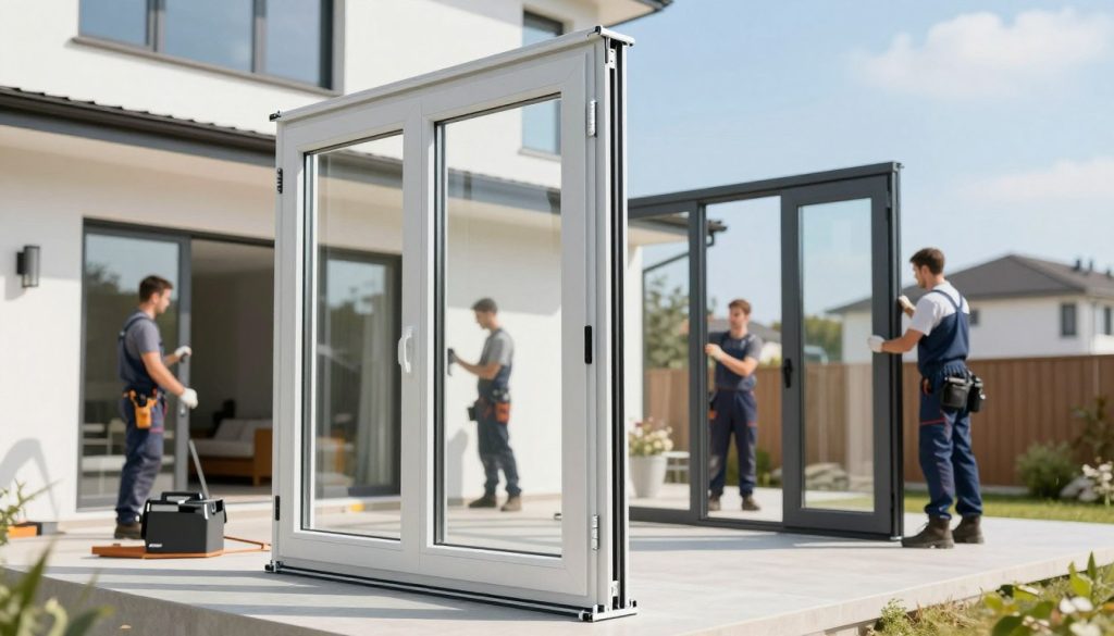 A professional installation setup for aluminium windows and doors, showcasing a modern home in Hasselt. In the foreground, display sleek and contemporary aluminium frames, highlighting their durability and aesthetic appeal. In the middle ground, skilled installers, dressed in professional business attire, are meticulously working on the installation process, demonstrating expertise and efficiency. The background should feature a bright, well-lit residential environment with a clear blue sky, giving a sense of trust and quality. Soft, natural lighting enhances the shine of the aluminium surfaces. Include the brand name "Radolux.be" subtly integrated into the scene. Aim for a clean, professional atmosphere that communicates reliability and value in home improvement.