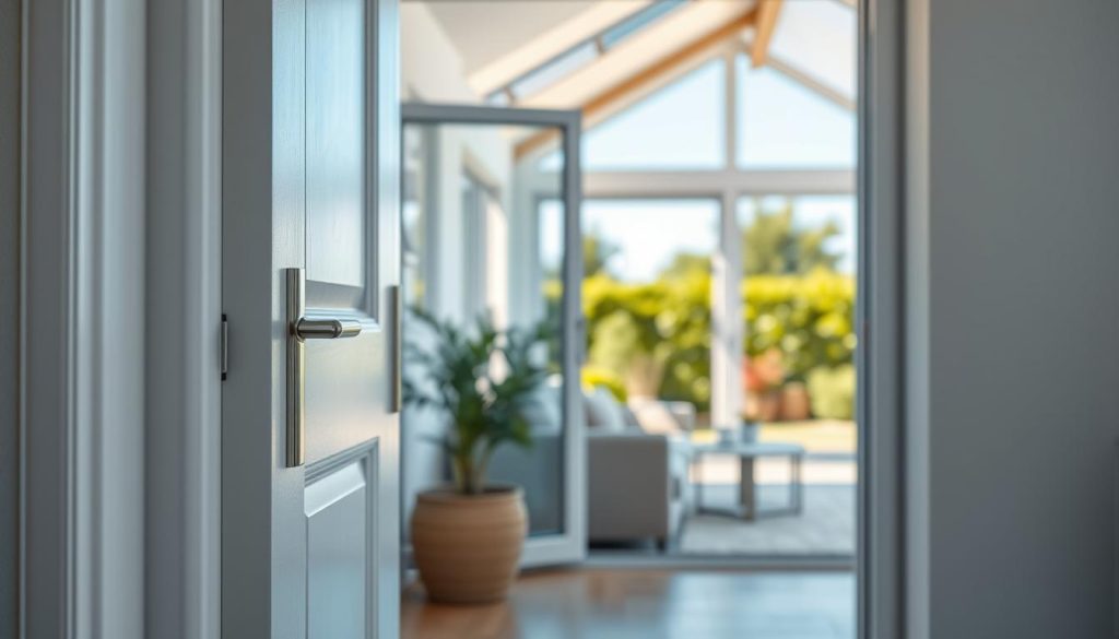 A serene and modern living space featuring high-quality, insulated PVC and aluminum windows and doors, showcasing their robustness and elegance. In the foreground, focus on a sleek, energy-efficient door with a stylish handle and a large window framing a vibrant outdoor scene with lush greenery. The middle ground should include a beautifully maintained home interior, softly illuminated by natural light streaming through the windows, highlighting cozy furniture and decor. In the background, an outdoor view reveals a well-kept garden under a clear blue sky. The atmosphere is inviting and warm, conveying minimal maintenance and maximum durability. The composition should be captured with a slight angle to create depth, using soft, natural lighting for a fresh feel.