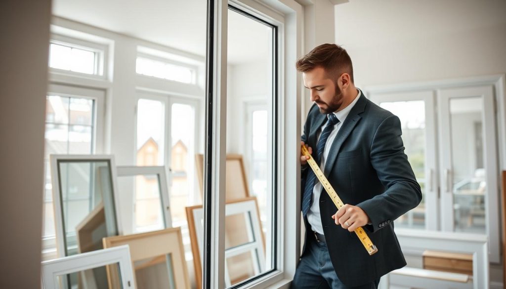 A skilled PVC window installer is working diligently in a modern home setting, showcasing high-quality Radolux.be PVC windows and doors. In the foreground, the installer, dressed in professional business attire, is carefully measuring and fitting a sleek, white PVC window frame, demonstrating expertise and precision. The middle ground features an array of attractive PVC windows and doors in various styles, highlighting both functionality and aesthetic appeal. The background reveals a well-lit, contemporary room with natural light streaming in through the newly installed windows, creating a warm and inviting atmosphere. The overall mood conveys professionalism and craftsmanship, emphasizing the value of choosing specialized PVC window and door solutions. Use soft, natural lighting to enhance the scene, capturing the installer from a slightly elevated angle to show both the work and the installed products clearly.