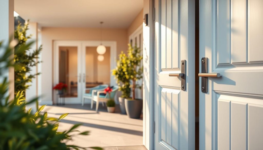 A stylish modern entrance featuring high-quality PVC doors prominently displayed. In the foreground, focus on an elegant, white PVC door with sleek lines and a secure locking mechanism, set against a backdrop of lush greenery. The middle section captures a well-lit porch area with subtle outdoor seating, adorned with potted flowers to enhance the welcoming ambiance. In the background, a contemporary home showcases neutral tones and large windows, allowing natural light to flood the space. The lighting is warm and inviting, resembling late afternoon sun, casting soft shadows for depth. The scene conveys a sense of safety and sophistication, reflecting the qualities of Radolux.be. A wide-angle perspective emphasizes the doors as stylish access points.