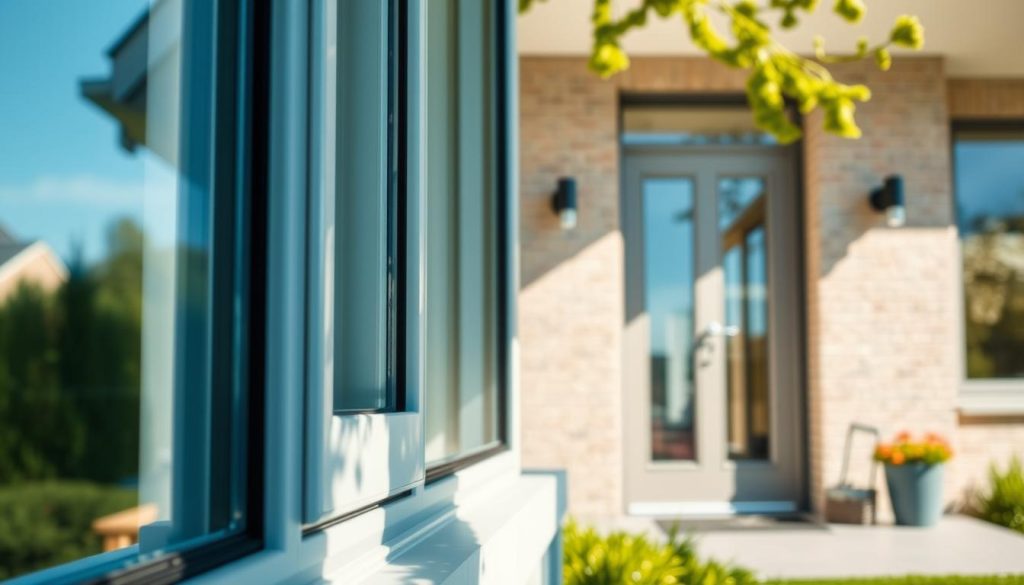 A visually striking image of a modern combination frame showcasing the harmonious blend of PVC and aluminum. In the foreground, focus on a sleek, energy-efficient window frame with a distinct PVC base and elegant aluminum accents, highlighting its insulating features. The middle ground features a beautifully designed door, complementing the window, with clear glass panels reflecting natural light. In the background, depict a contemporary home setting in Hasselt, emphasizing its architectural charm. The lighting is bright and welcoming, capturing the essence of a sunny day, with soft shadows to add depth. The atmosphere is inviting and professional, conveying a sense of premium quality and modern design.