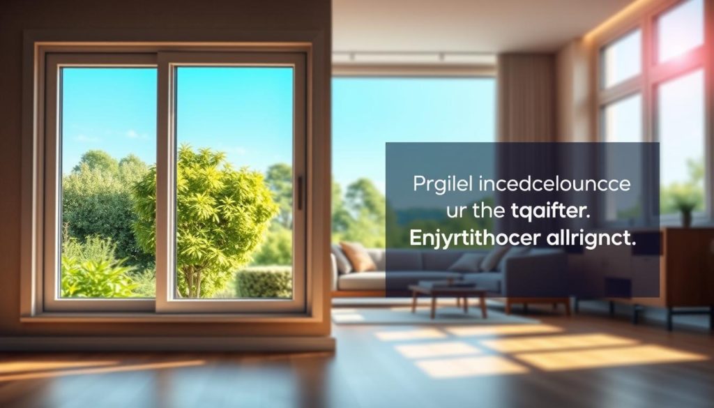 A well-designed interior showcasing high-quality, affordable Pvc and aluminum windows and doors, emphasizing transparency in pricing. In the foreground, a modern, seamlessly integrated window with an elegant frame, displaying a view of a lush green garden outside. The middle ground features an inviting home setting, adorned with stylish furniture that complements the windows, while soft, natural light streams through, casting gentle shadows. The background consists of a clear blue sky and distant trees, creating a serene atmosphere. The overall mood is warm and welcoming, highlighting the philosophy of quality without compromise. Use a medium depth of field with soft focus effects in the background, capturing the essence of comfort and style in home design.