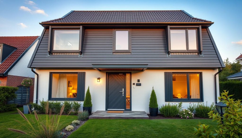 Een fotorealistische afbeelding van een moderne Belgische woning in Zonhoven met antracietkleurige pvc ramen en een stijlvolle voordeur, omringd door een verzorgde voortuin tijdens het gouden uur, hoge kwaliteit, architecturale fotografie.