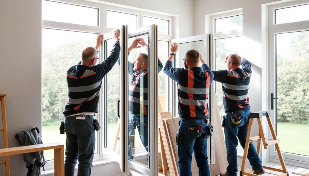 Een professioneel installatieteam van vakmannen die nauwkeurig ramen en deuren monteren in een woning in Zonhoven, nette afwerking, professionele uitstraling, daglicht.