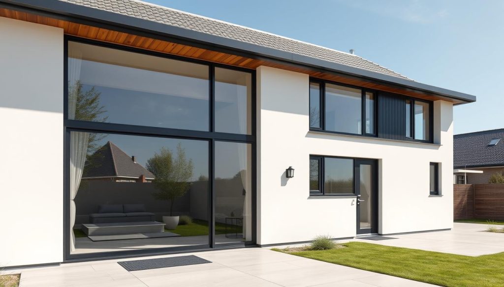 Een realistische foto van een moderne villa in Zonhoven met grote zwarte aluminium ramen en een bijpassende strakke voordeur, minimalistische architectuur, zonnige dag, hoge resolutie.