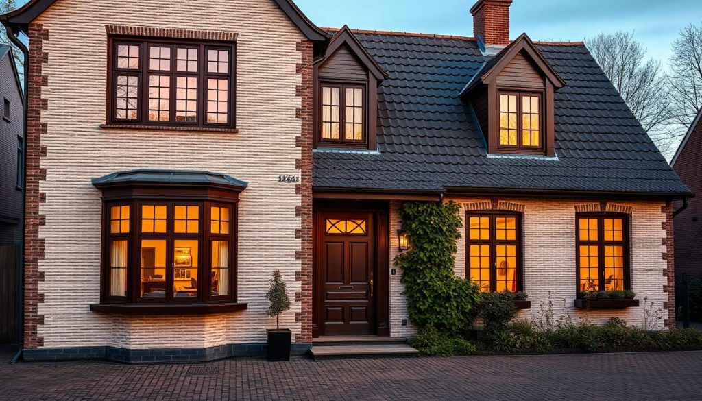 Photorealistic exterior view of a classic Belgian house in Zonhoven with high-quality dark meranti wooden window frames and a matching front door, warm sunset lighting, architectural photography.