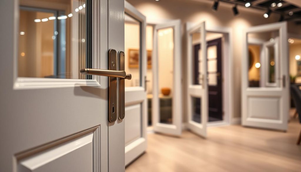 A close-up view of a sleek, modern display showcasing PVC doors and windows from Radolux.be, creatively arranged in a well-lit, welcoming showroom setting. In the foreground, focus on a stylish, open door with a refined handle, revealing intricate details of the material and finishes. The middle ground features additional doors and windows, thoughtfully positioned to highlight their design and versatility, with polished surfaces reflecting soft ambient light. In the background, a warm, inviting atmosphere depicted with soft lighting and modern décor enhances the professionalism of the space. The overall mood conveys reliability and craftsmanship, perfect for illustrating affordable payment options and delivery conditions.