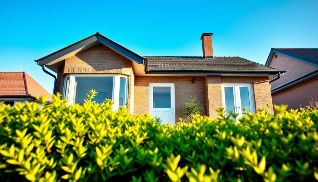 A modern home exterior showcasing budget-friendly PVC windows and doors from Radolux.be in Diepenbeek. In the foreground, vibrant green bushes frame a stylish front porch with a sleek design. The middle section features high-quality PVC windows and doors, elegantly designed with a contemporary aesthetic, ensuring functionality without compromising style. The background reveals a clear blue sky and a suburban neighborhood, creating a serene but inviting atmosphere. Soft afternoon sunlight gently illuminates the scene, casting warm tones that enhance the appeal of the windows and doors. The angle is slightly elevated, providing a comprehensive view of the house's facade and emphasizing the quality of the budget-friendly solutions. The overall mood is fresh, modern, and approachable, reflecting affordability without sacrificing excellence.