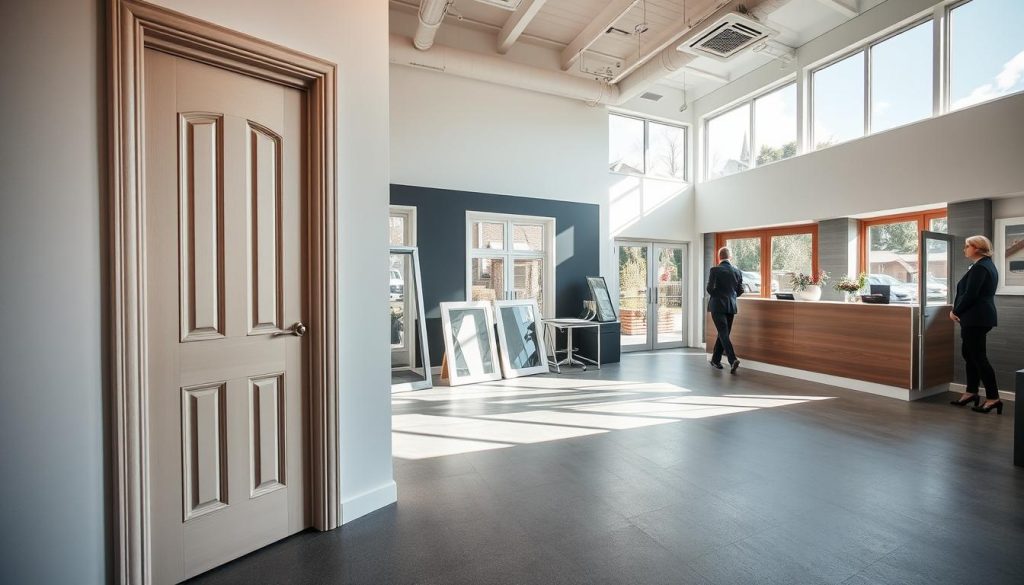 A modern showroom displaying a selection of high-quality PVC windows and doors, prominently featuring products from Radolux.be. In the foreground, showcase an elegant door illuminated by soft, natural light that highlights its finish and textures. In the middle, several stylish window designs are arranged appealingly along the walls, with different styles and colors reflecting the variety available. The background includes a welcoming reception area with professional staff in business attire assisting customers, creating a sense of quick and efficient service. The atmosphere feels bright and inviting, with large windows allowing sunlight to stream in, emphasizing the showroom's modern aesthetics. The overall composition conveys professionalism and quality, perfect for a home improvement focus.