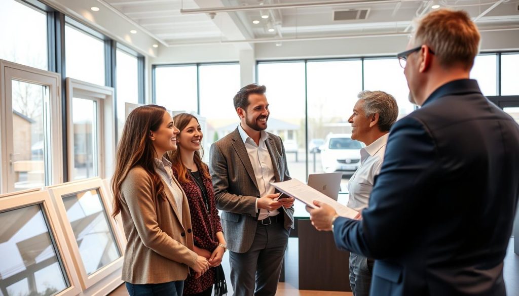 A modern, spacious showroom on Hasseltweg, featuring elegant PVC windows and doors by Radolux.be. In the foreground, a friendly sales consultant in professional attire is engaging with a diverse couple, providing personalized advice. The middle ground showcases various window and door displays, highlighting their quality and design. The background displays large glass windows allowing natural light to pour in, creating a warm and inviting atmosphere. Soft lighting enhances the elegant finishes of the products. The mood is welcoming and professional, emphasizing a customer-centric approach. The angle captures a dynamic view of interaction, showcasing both the product and the consultation experience in the vibrant showroom setting.