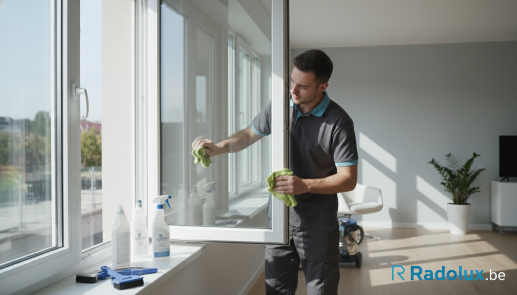 A professional, detailed maintenance scene focusing on PVC windows and plastic frames. In the foreground, a knowledgeable technician, dressed in a smart uniform, is carefully cleaning a shiny PVC window with a cloth, showcasing attention to detail. The middle ground features various tools of the trade, such as cleaning products and brushes, hinting at upkeep and care for window frames. In the background, a bright sunlight filters through the clear windows, illuminating a modern, minimalistic interior that reflects cleanliness and professionalism. Soft shadows play across the walls, creating a calm atmosphere that emphasizes the importance of maintenance. Include a subtle branding element in the corner that reads "Radolux.be" to highlight expertise in window installation and care.