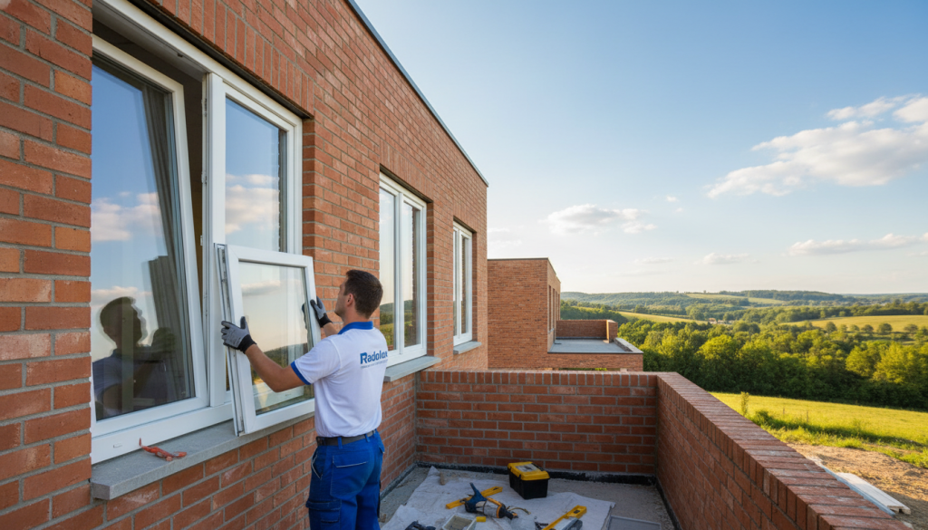 A professional installation of PVC windows by Radolux in a modern Limburg setting. In the foreground, a skilled installer wearing a branded Radolux uniform is carefully fitting a bright white PVC window into a tasteful brick wall. The middle ground features the half-completed exterior of a stylish home, showcasing several finished PVC windows that reflect light beautifully under a clear blue sky. In the background, the picturesque Limburg landscape with green trees and rolling hills can be seen, enhancing the serene atmosphere. The scene is captured from a slightly low angle, giving a sense of professionalism and expertise, with warm, natural lighting that emphasizes the quality of the materials and craftsmanship. The overall mood is one of trust and reliability in home improvement.