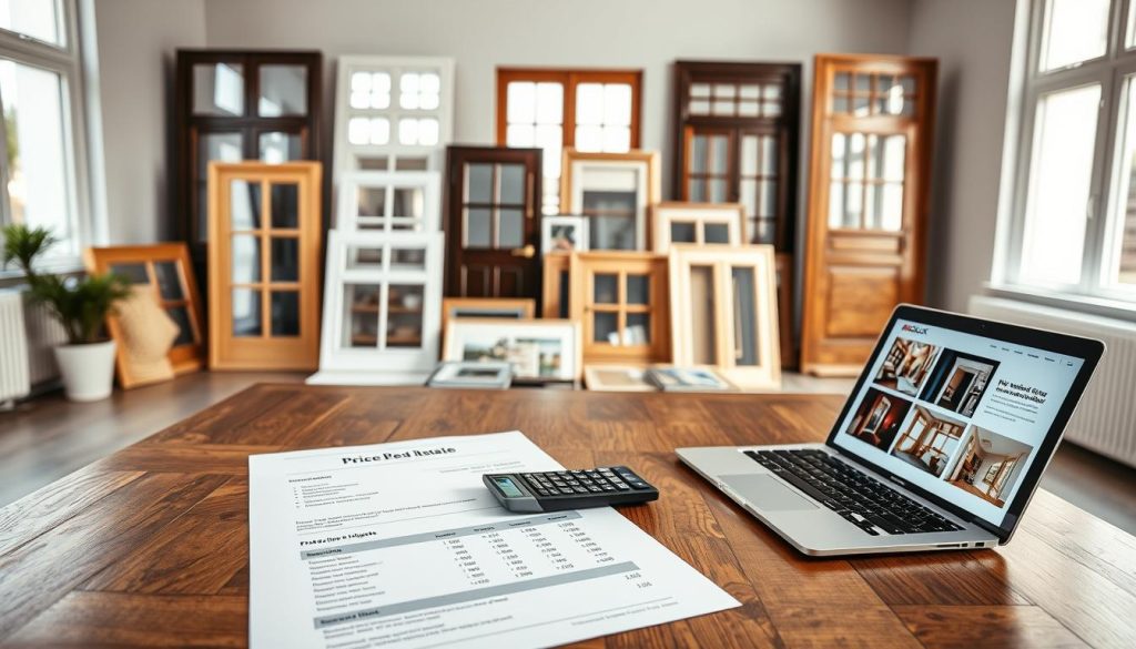A professional setting featuring a well-organized workspace for a window and door quotation from Radolux.be. In the foreground, a neatly arranged wooden table with a detailed price estimate document, a calculator, and a laptop displaying modern window and door designs. The middle ground includes large samples of PVC windows and doors in various styles, showcasing quality craftsmanship. In the background, a bright, inviting office space with natural light streaming through large windows, emphasizing the importance of transparency and professionalism in quotes. The mood is serious yet approachable, conveying trust and expertise. The image captures the essence of professional quotes for windows and doors, perfect for an informative article.