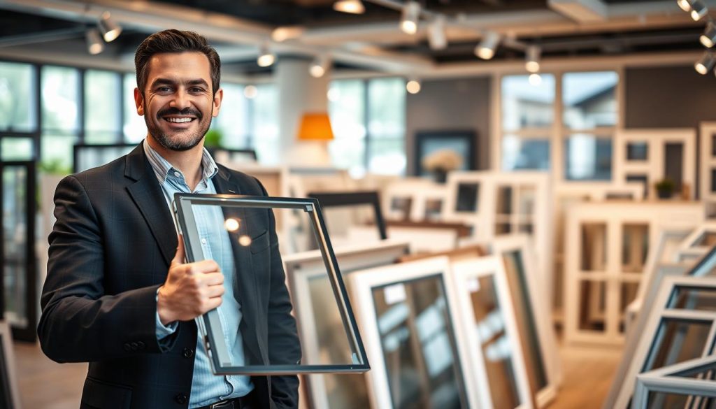 A professional setting showcasing a friendly customer service representative at Radolux.be, highlighting the importance of customer satisfaction in the window and door industry. In the foreground, a well-dressed representative is smiling, presenting a high-quality German window sample, exuding warmth and approachability. The middle ground features a modern showroom filled with various stylish windows and doors, emphasizing quality and variety. The background should be softly blurred with a welcoming atmosphere, incorporating warm lighting to enhance the mood. Use a wide-angle lens perspective to capture the depth of the showroom, creating an inviting and professional vibe that resonates with client trust and satisfaction.