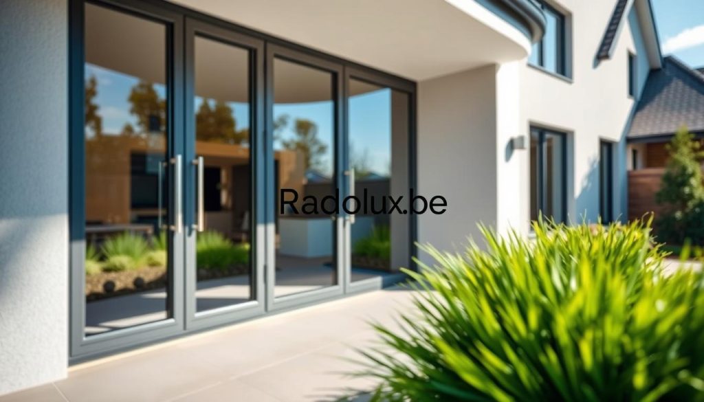 Aluminium doors with a modern design, set in a chic contemporary home environment in Tessenderlo. Focus on sleek, minimalistic lines, showcasing large glass panels that reflect natural light and blend seamlessly with the surrounding architecture. In the foreground, emphasize the elegant door handles and structural details. The middle ground features the door showcased against a backdrop of stylish landscaping with well-kept greenery. Use soft, natural lighting to create a warm, inviting atmosphere, conveying a sense of sophistication and quality. A hint of blue sky peeks through, enhancing the refreshing and contemporary look. Include the brand name “Radolux.be” subtly integrated into the scene without any text overlays.